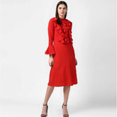 Red polyester ruffled long sleeves dress with close neck, suitable for formal events